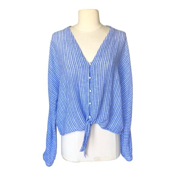 Rails Tops - Rails Sloane Linen Blue Azure Stripe Front Tie Top Shirt Women's Size Large